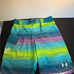 Under Armour Teal Lime Purple Striped Swim Trunks